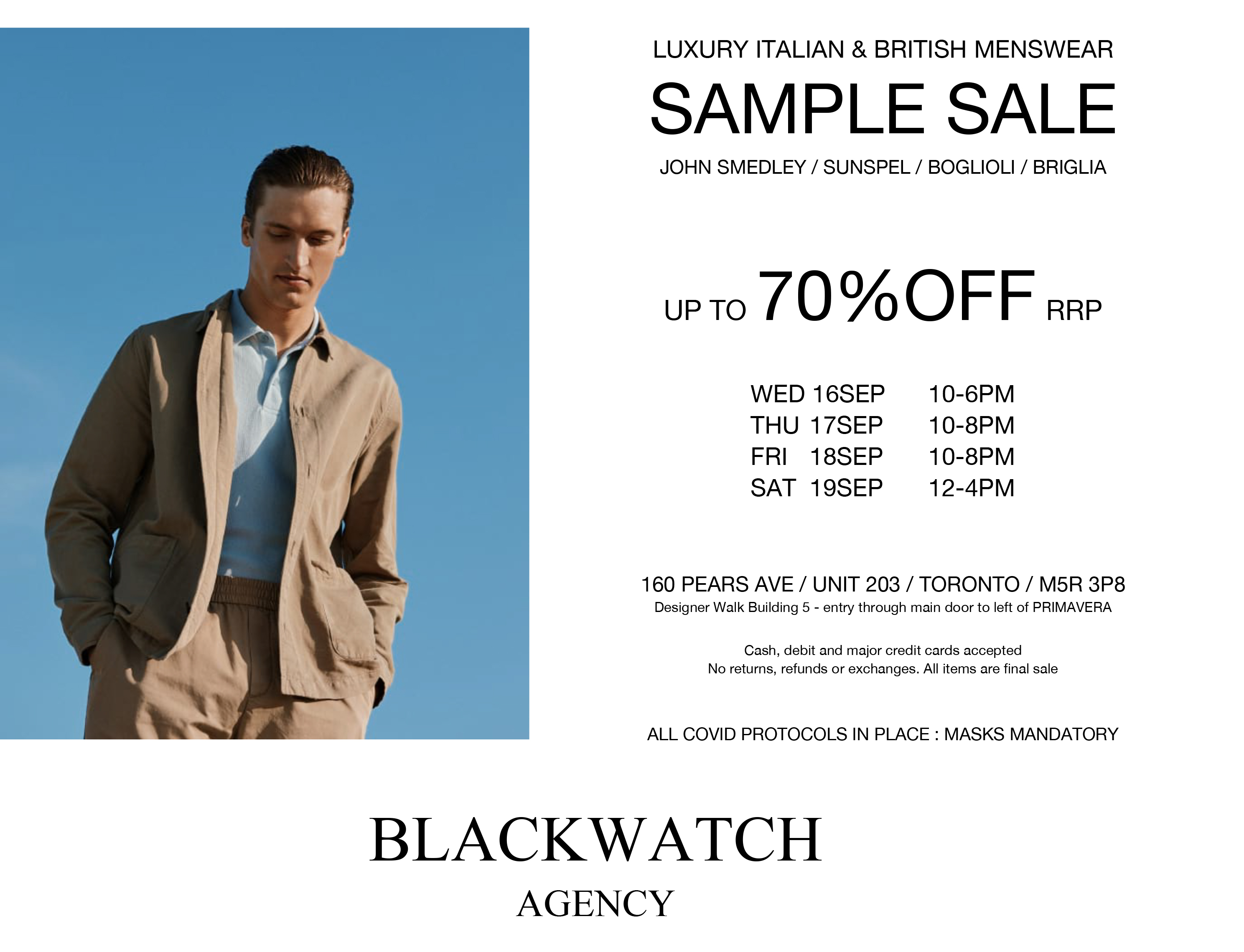 Sept 16 to 19 Blackwatch Agency Fashion Sample Sale News